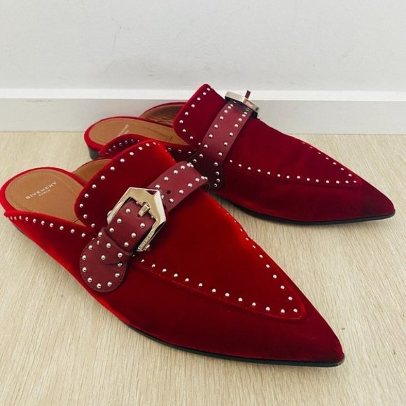Givenchy Authentic Women's Burgundy Velvet Mules Size 39.5 Flat Slip On Shoes - Picture 2 of 10
